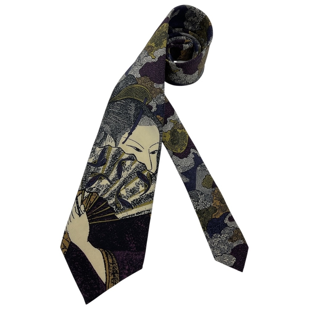 BOLGHERI Navy/Burgundy Japanese Woman Fan Art Silk LUXURY Tie USA